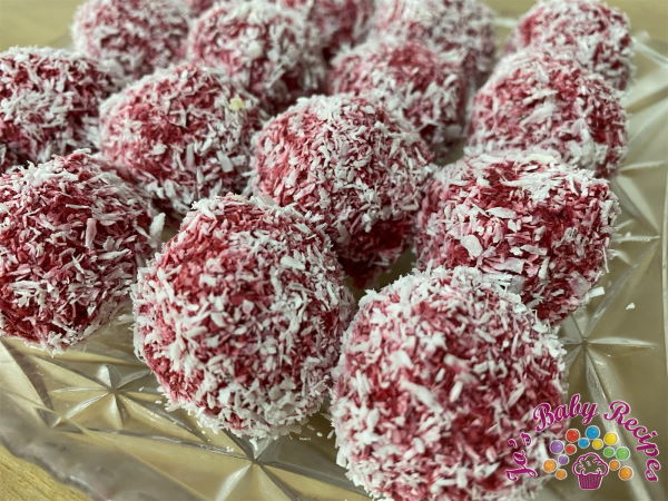 Candies with raspberries and coconut flakes without baking for babies