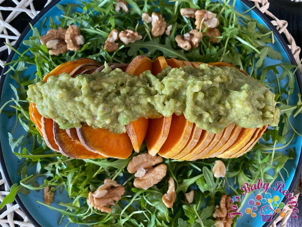 Sweet baked potato with avocado cream for babies