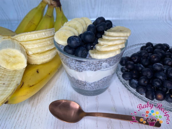 Chia pudding with Greek yogurt, bananas and baby blueberries