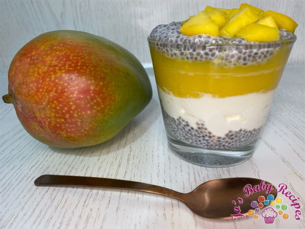 Budinca de chia cu mango, iaurt grecesc si piure de mango pentru bebelusi