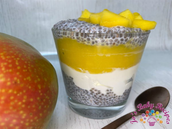 Chia pudding with mango, Greek yogurt and mango puree for babies