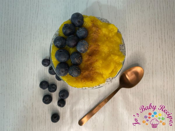 Chia pudding with honey and mango puree for babies