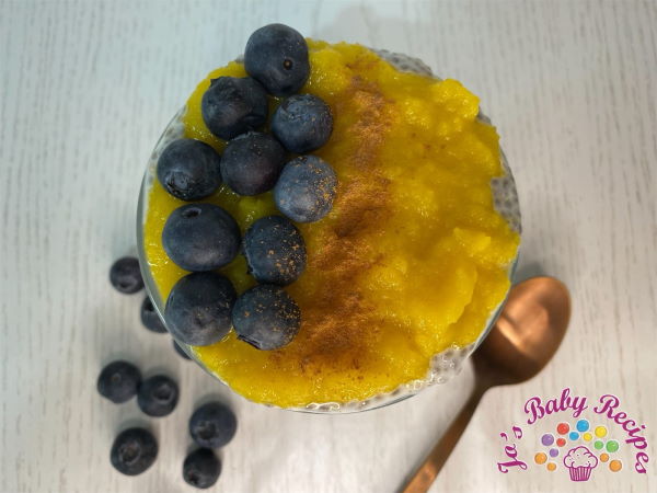 Chia pudding with honey and mango puree for babies