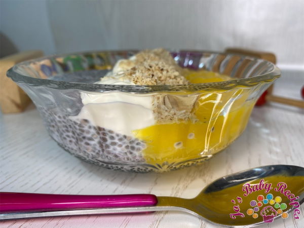 Chia pudding with walnuts, mango puree and Greek yogurt for babies