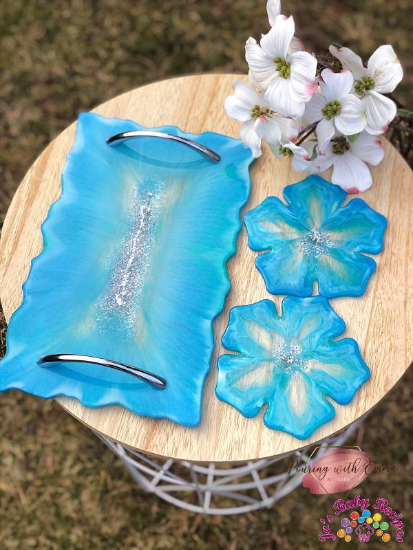 Rectangular tray set and 2 ribs of blue flower from resin, PWE-18