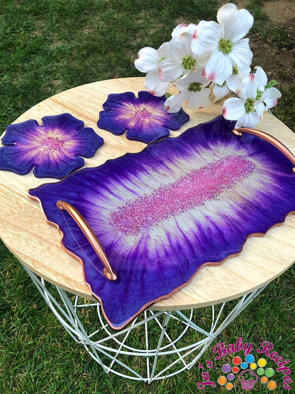 Rectangular tray set and 2 ribs purple resin flower, PWE-19