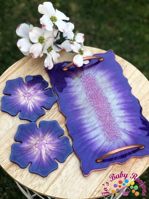 Rectangular tray set and 2 ribs purple resin flower, PWE-19