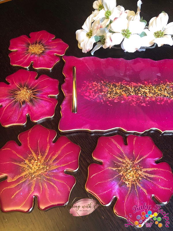 Rectangular tray set and 4 ribs of red resin flower, PWE-22
