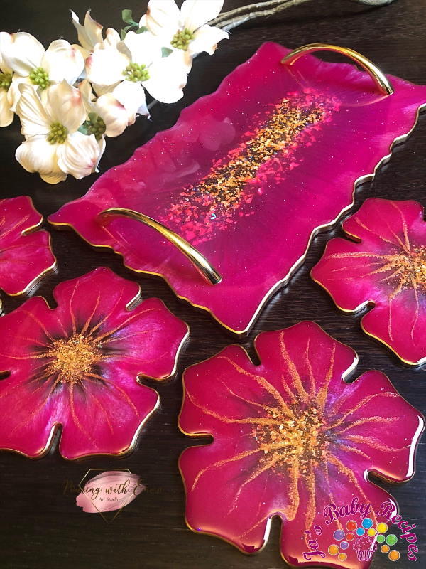 Rectangular tray set and 4 ribs of red resin flower, PWE-22