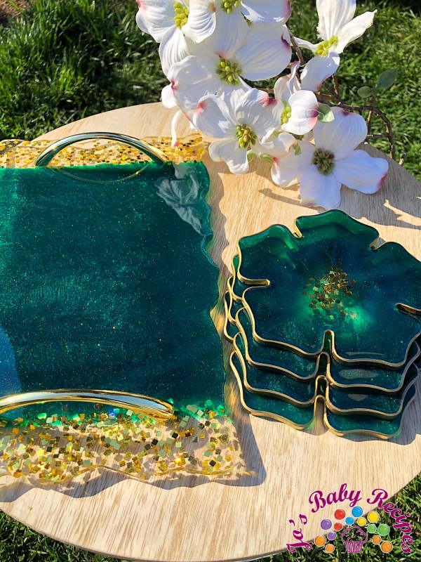Rectangular tray set and 4 ribs of green flower with gold (1) of resin, PWE-23