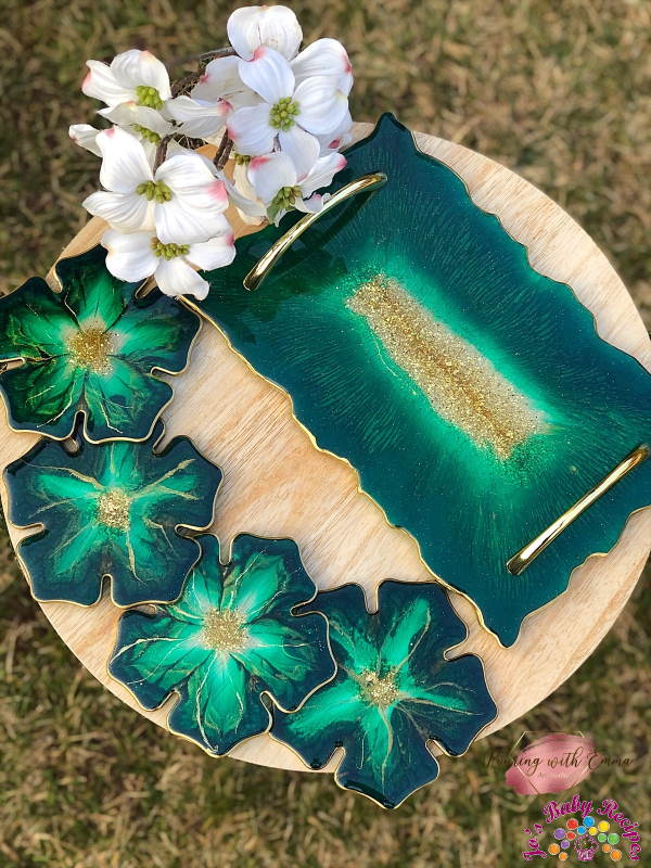 Rectangular tray set and 4 ribs of green flower with gold (2) of resin, PWE-24