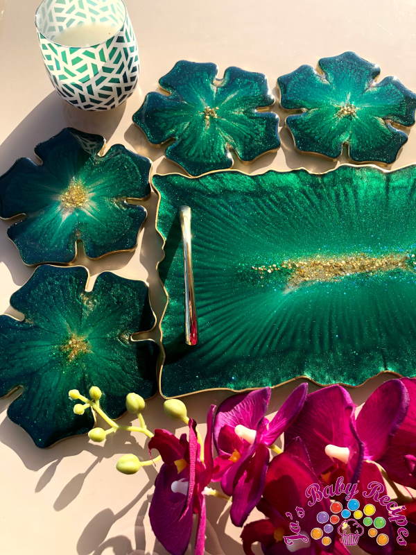 Rectangular tray set and 4 ribs green flower with gold (3) of resin, PWE-25