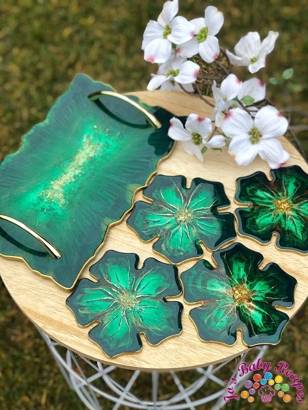 Rectangular tray set and 4 ribs green flower with gold (4) resin, PWE-26