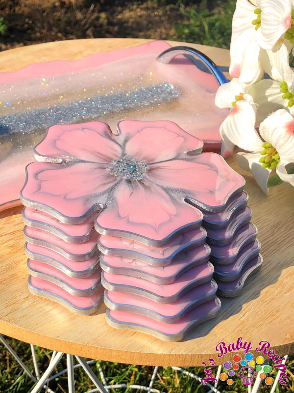 Rectangular tray set and 6 ribs pink resin flower, PWE-30